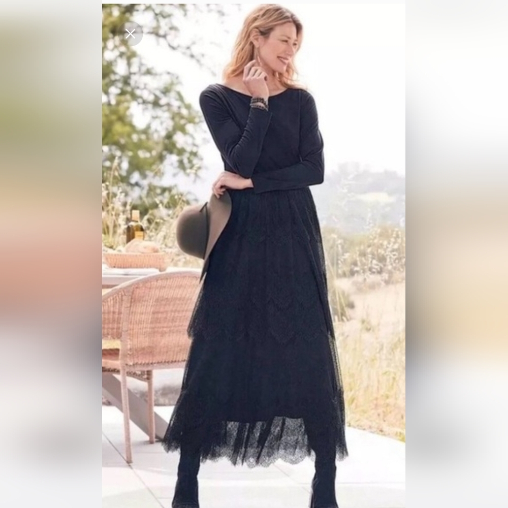 NWT Soft Surroundings Black Tiered Lace Frederica Maxi Dress Size Small